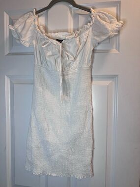 In the Beginning Smocked Off-Shoulder Mini Dress in White! Resort Wear! S